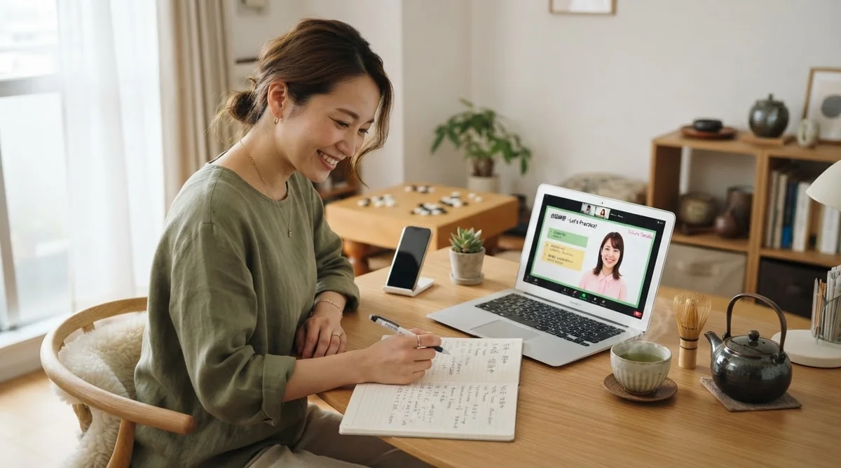 ノートパソコン、手帳、お茶が置かれたデスクでゆったりと復習や学習に取り組む様子