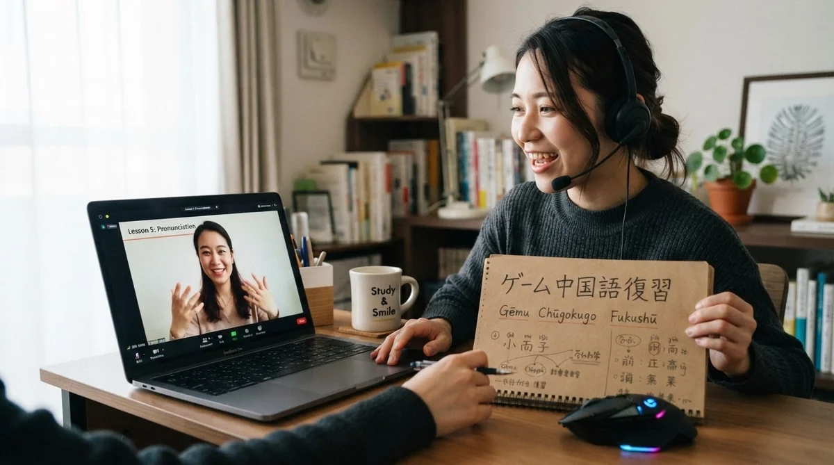 オンライン中国語レッスンで発音練習をする学生と講師