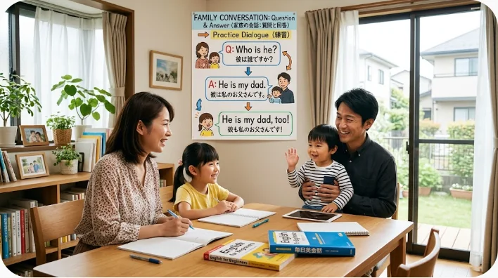 家族表現と発音練習に使うノート、録音機器、学習カードを並べた机