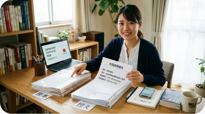 中国で銀行口座を開設するためのパスポートや住所証明、勤務・在学書類、スマートフォンを整理した様子