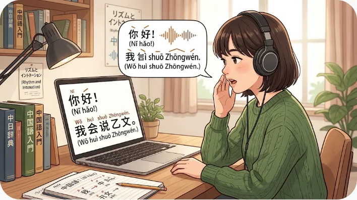 ヘッドホンで中国語の音声を聞きながら発音を練習する日本人学習者