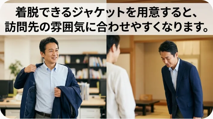 中国出張向けのジャケット、シャツ、パンツ、靴を並べた服装準備の例