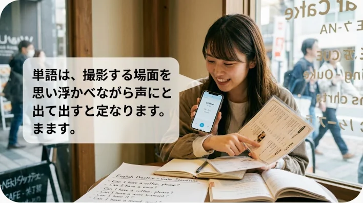 スマートフォンを見ながら自撮りに関する中国語を学ぶ日本人成人学習者
