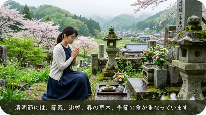清明の暦と柳の枝、白い花、青団を並べた春の静物