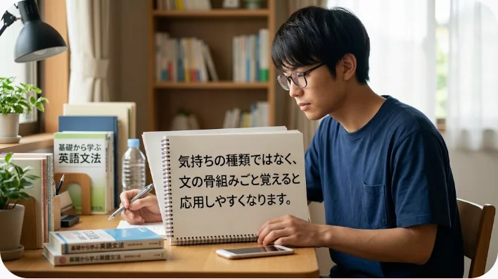 中国語の感情表現をフレーズカードとノートで整理する学習風景