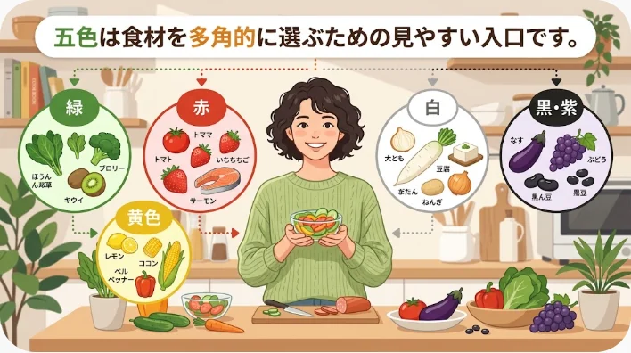 五つの器に青赤黄白黒の食材を分けて並べた中国の五色のイメージ