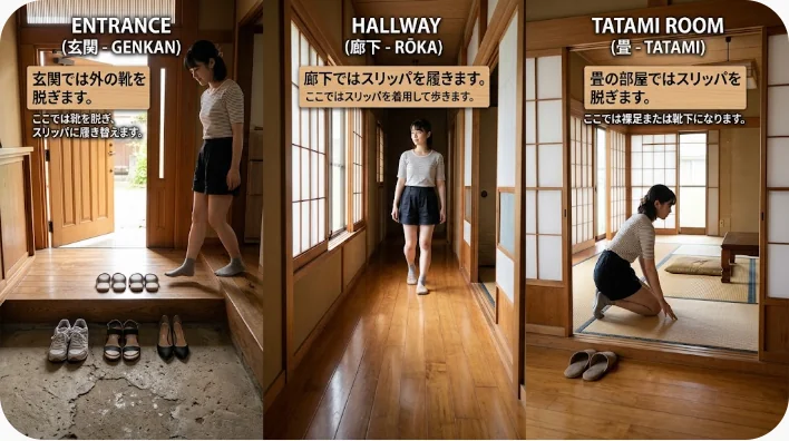 外靴、室内用スリッパ、畳の部屋が見える日本家屋の玄関