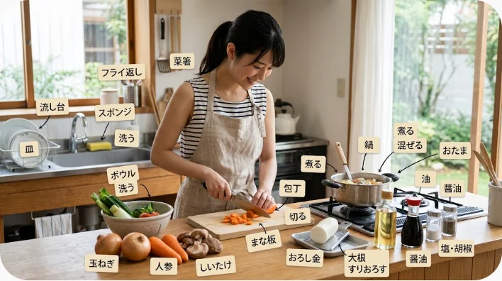 中華鍋や包丁、切り方の異なる食材と中国料理の調味料を並べた画像