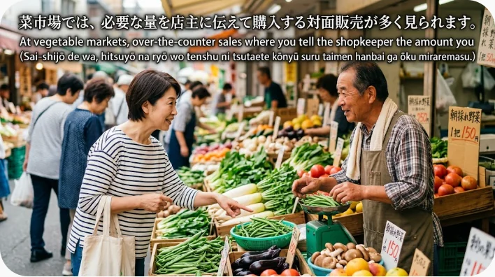 野菜のかごや電子秤が並び、客が商品を選んでいる中国の菜市場