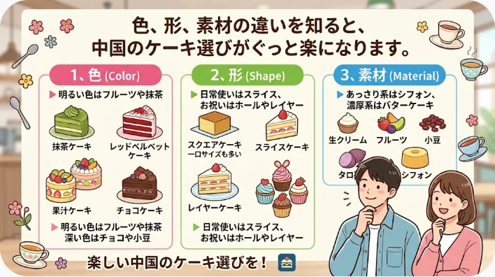 中国のケーキ店にレインボーケーキやキャラクターケーキ、ミルクレープ、肉松小贝が並ぶ様子
