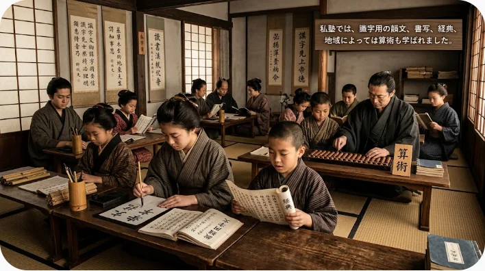 古代中国の私塾で使われた書物、筆、硯、練習紙、算盤を木机に並べたイメージ