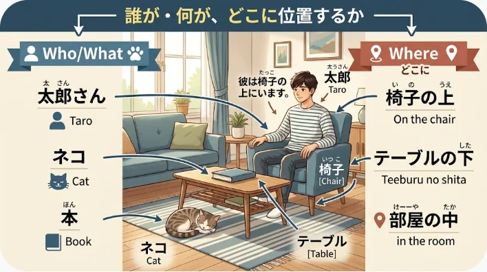 机やかばんや鍵の位置関係を模型で示した中国語の所在表現用教材
