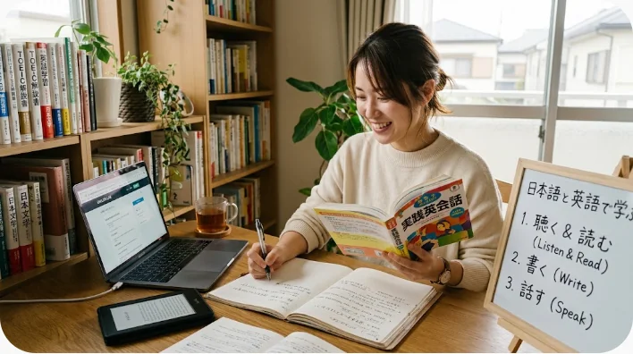 中国語の連動文を学ぶために行動の絵カードを順番に並べる日本人学習者