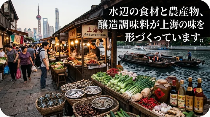 淡水魚、川エビ、上海蟹、豚肉、野菜、醤油、黒酢、黄酒を並べた上海料理の食材