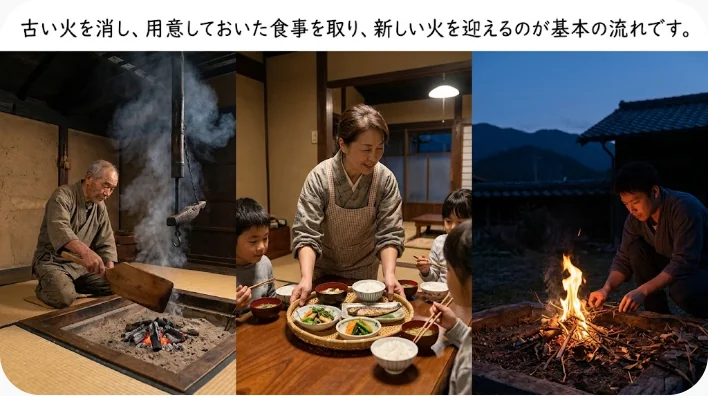 火を消したかまどと寒食節の冷食や柳を並べた文化資料風の画像