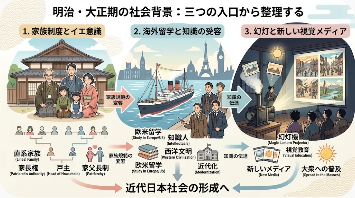 婚姻文書、女性教育の書籍、地図、幻灯機を調べる中国近代史の学習者
