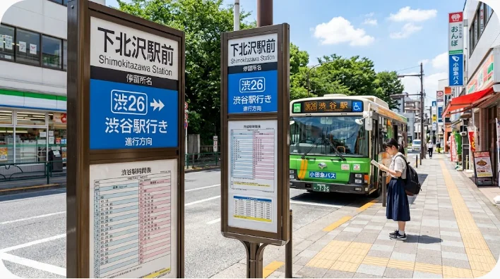 中国の路線バス停で案内板とスマートフォンの経路を照合する旅行者