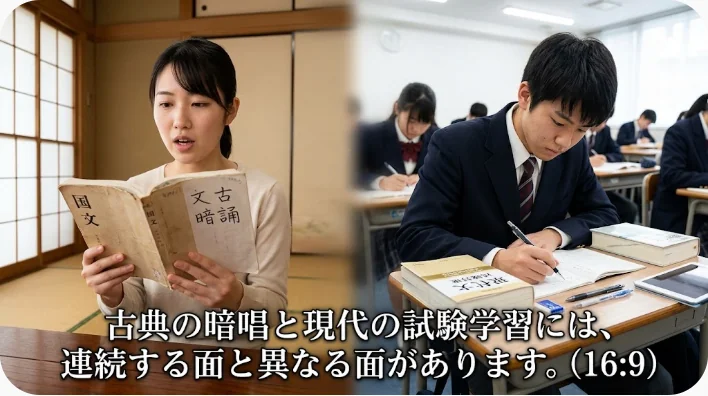 中国古典の書物と現代のノートや漢字練習用紙が並ぶ学習風景
