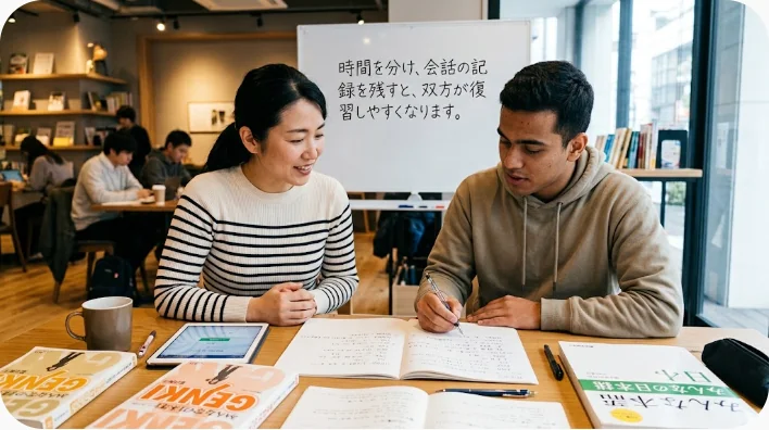 中国語と日本語の学習ノート、添削ペン、ヘッドホン、タイマーを並べた机