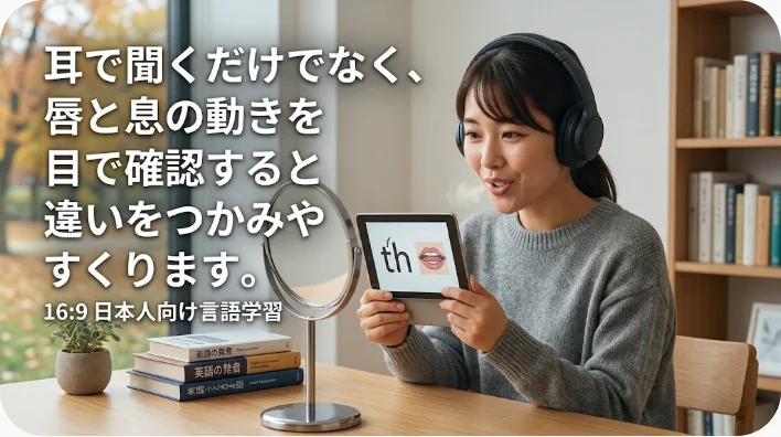 鏡と薄い紙を使って中国語の口の形と息を確認する学習者