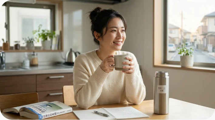 保温ボトルと白湯と茶葉が公共の給湯設備のそばに置かれている様子
