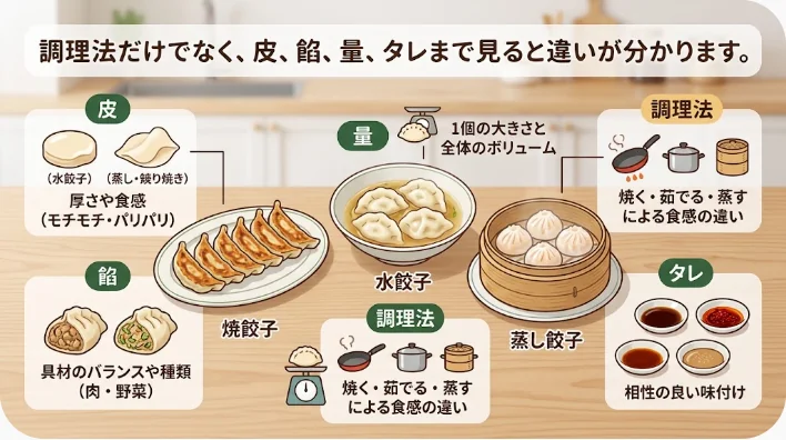 日本式の薄皮焼き餃子と中国北方の水餃子、黒酢や薬味を並べた比較写真