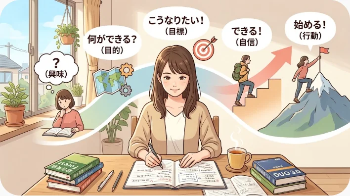 希望から計画、準備、決定、実行へ進む中国語の意志表現を示す学習資料