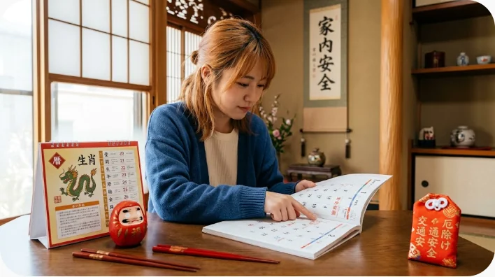 十二生肖の動物人形と赤い厄除け用品や伝統的な暦を並べた様子