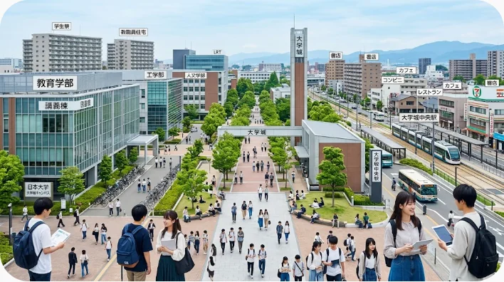 複数の大学、公園、学生寮、道路、地下鉄駅が配置された中国の大学城