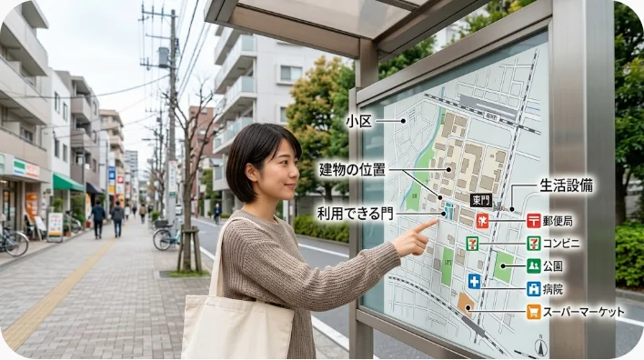 中国の集合住宅である小区の建物、門、歩道、宅配設備を確認する場面