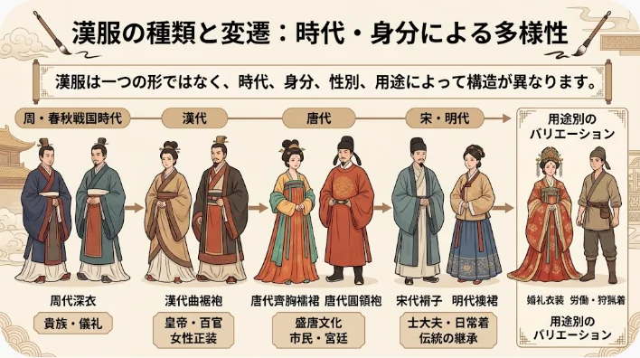 交領右衽の衣服、襦裙、袄裙と馬面裙、円領袍を並べた漢服の形制展示