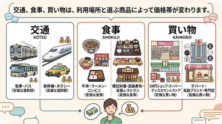 中国の地下鉄、市内バス、量り売り市場、日用品を並べた生活費のイメージ