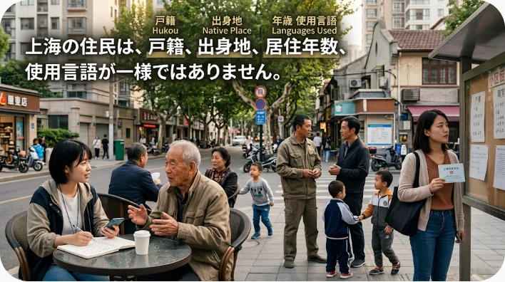 世代や生活背景の異なる住民が行き交う上海の街と戸籍や生活環境を示す場面