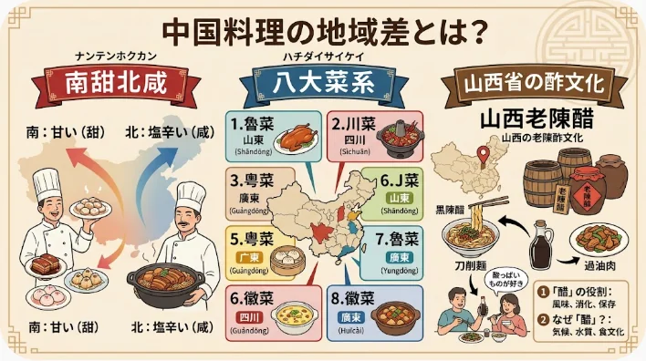 中国料理の地域ごとの違いを解説した日本語のインフォグラフィック。北と南の料理スタイルについて、シェフ、地図、料理、食材のイラストなどが紹介されています。.