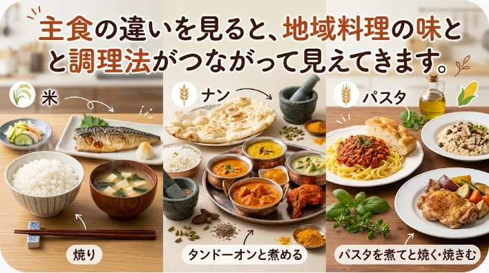 中国北方の小麦麺や餃子と南方の米飯や米粉料理を並べた食卓