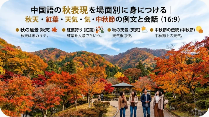 赤やオレンジ色の木々など、紅葉が色づく公園を人々が歩いている。背景には山々や東屋が見える。中国の秋に関する表現についての日本語のテキストが重ねられている。.