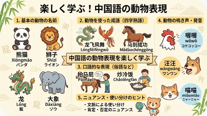 日本語の教育用インフォグラフィックでは、中国の動物の名前、慣用句、擬音語、および使用例が紹介されており、パンダ、ライオン、ゾウ、犬などの動物のイラストが添えられています。.