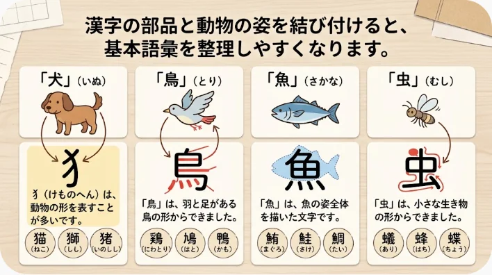犬や猫、馬、牛、虎、パンダなどの動物カードと学習ノート