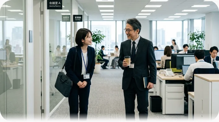 ビジネスシーンで同僚同士が礼儀正しくかつ親しみを持って挨拶を交わす様子