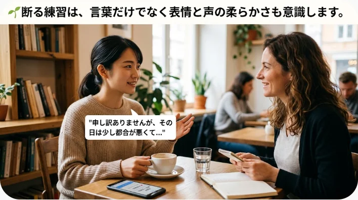 飲食店で中国語話者と日本人学習者が丁寧な話題変更を練習している場面