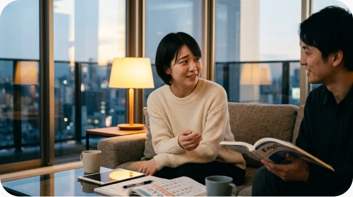 飲食店で中国語話者と日本人学習者が丁寧な話題変更を練習している場面