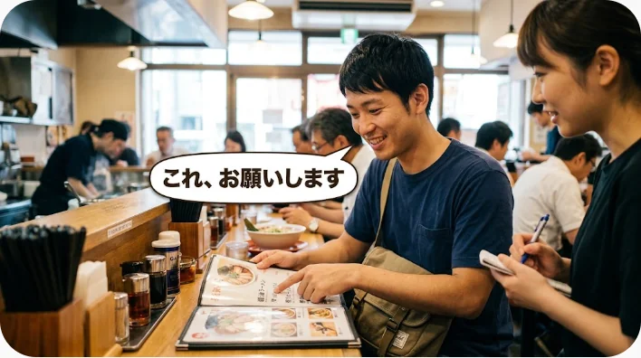 中華料理店でメニューを指しながら店員に中国語で注文する日本人学習者