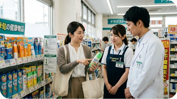 中国の薬局で日本人学習者が店員と花露水の商品表示を確認している場面