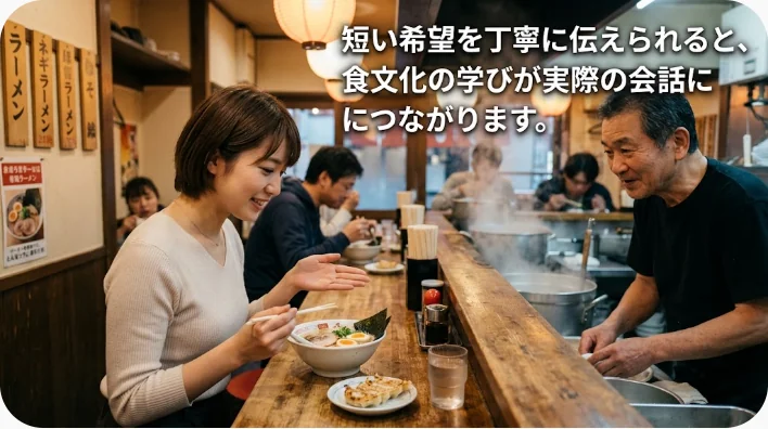 中国料理店で日本人学習者が彩り豊かな料理を見ながら店員に注文する場面