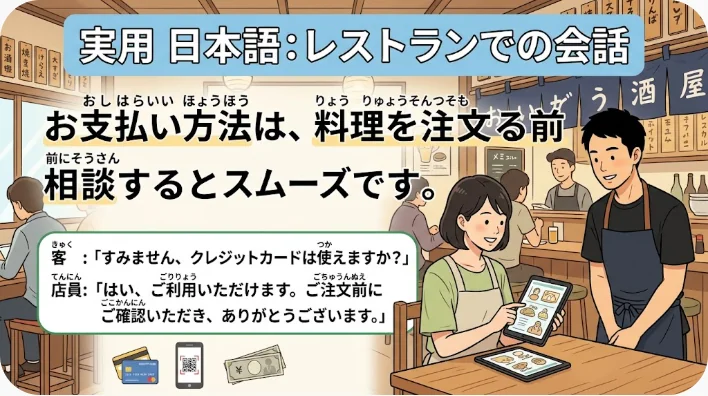 中国人の友人と日本人学習者が食後に伝票とスマートフォンを確認している様子
