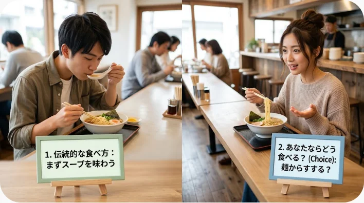 中国人旅行者と日本人学習者が店員に食事の希望を伝えている飲食店の場面