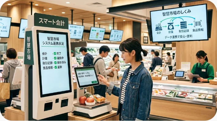 電子秤や情報画面、QR決済機器を備えた中国の智慧市場