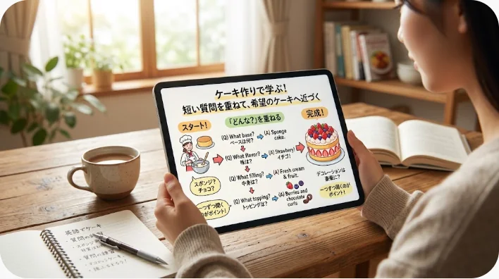 中国のケーキ店で日本人学習者が店員にサイズやクリームを確認している場面