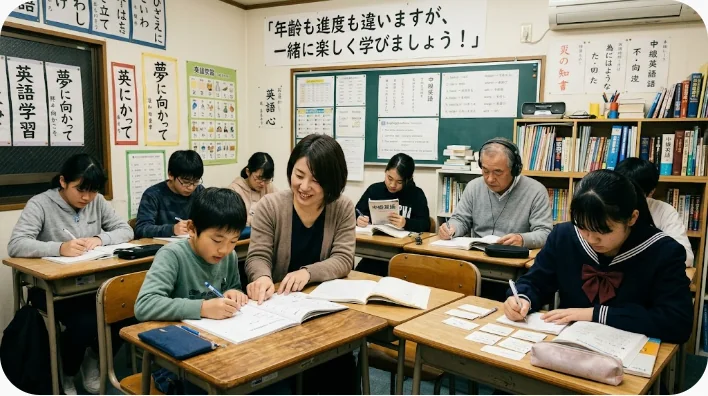 私塾で一人の児童が暗誦し、ほかの児童が習字や読書を進める個別教授の場面