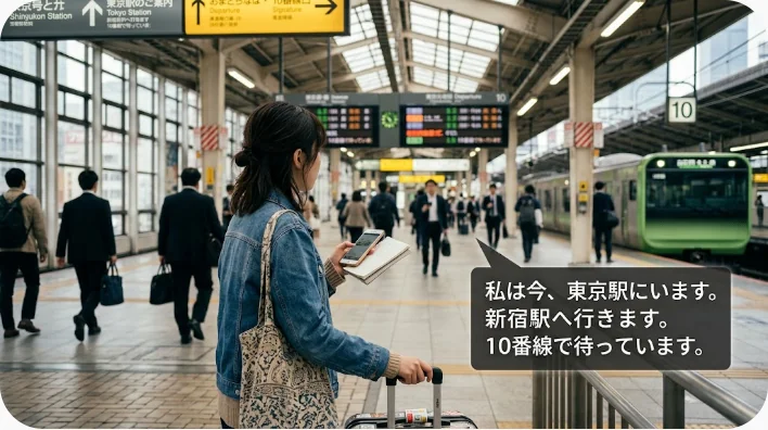 東アジアの駅で日本人旅行者が駅員に場所を尋ねている会話場面